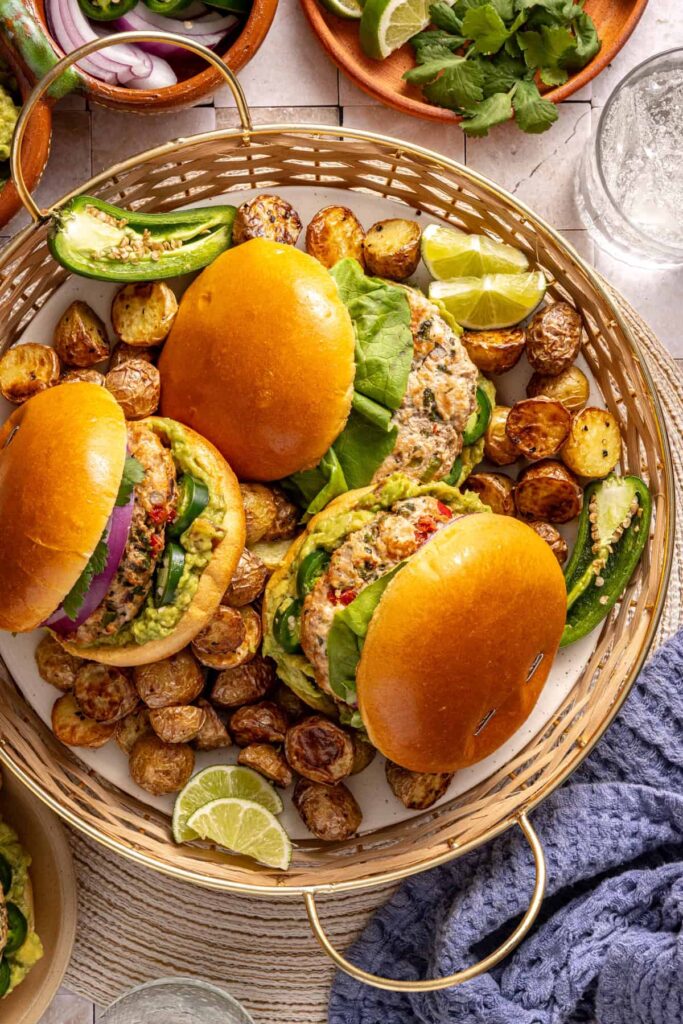 High-protein jalapeño burgers with roasted potatoe