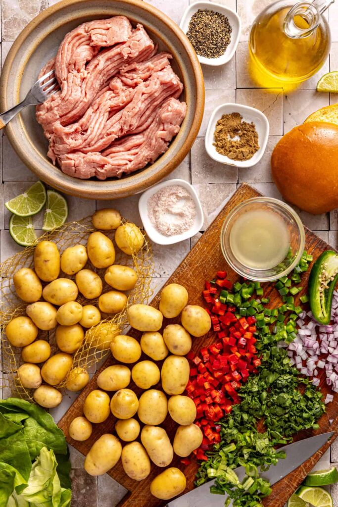 Ingredients for homemade jalapeño burgers with turkey, jalapeños, cilantro and potatoes
