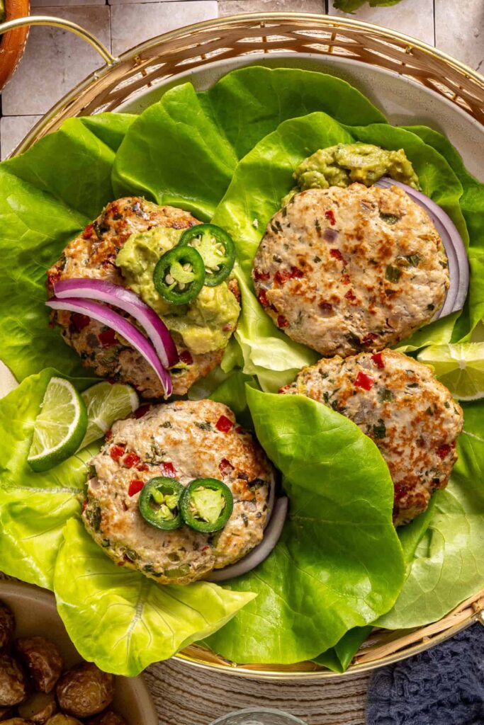 healthy jalapeño burgers served in lettuce cups