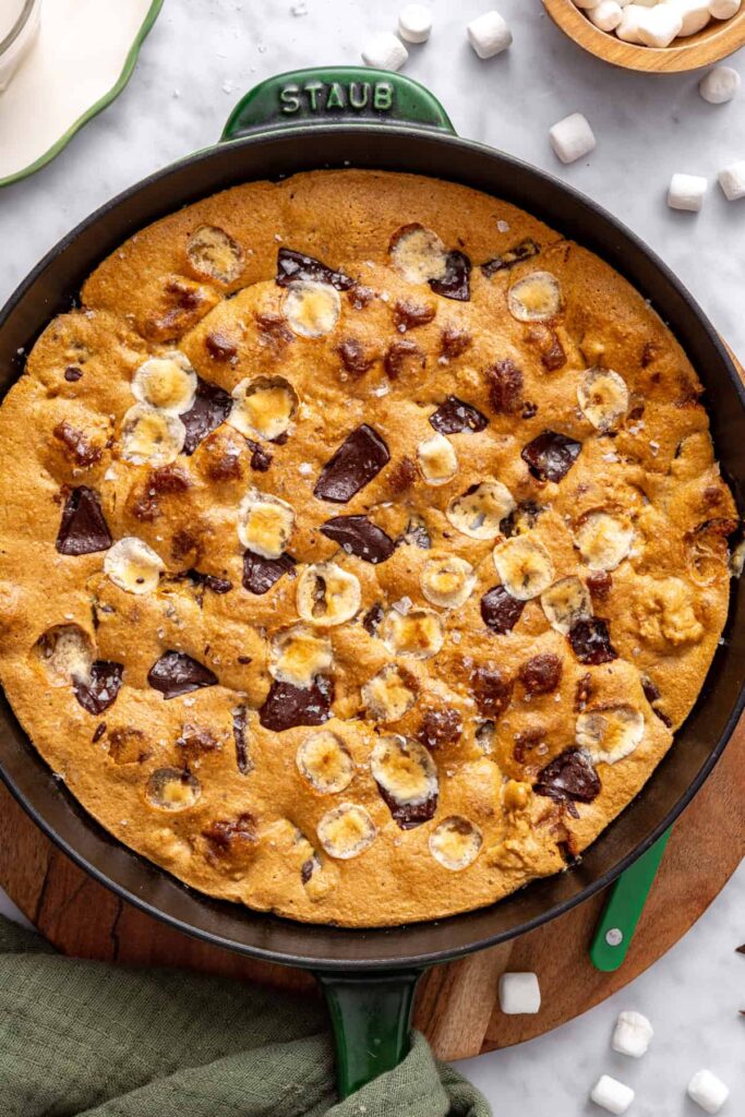 Gooey chocolate and marshmallow cookie skillet viewed from above