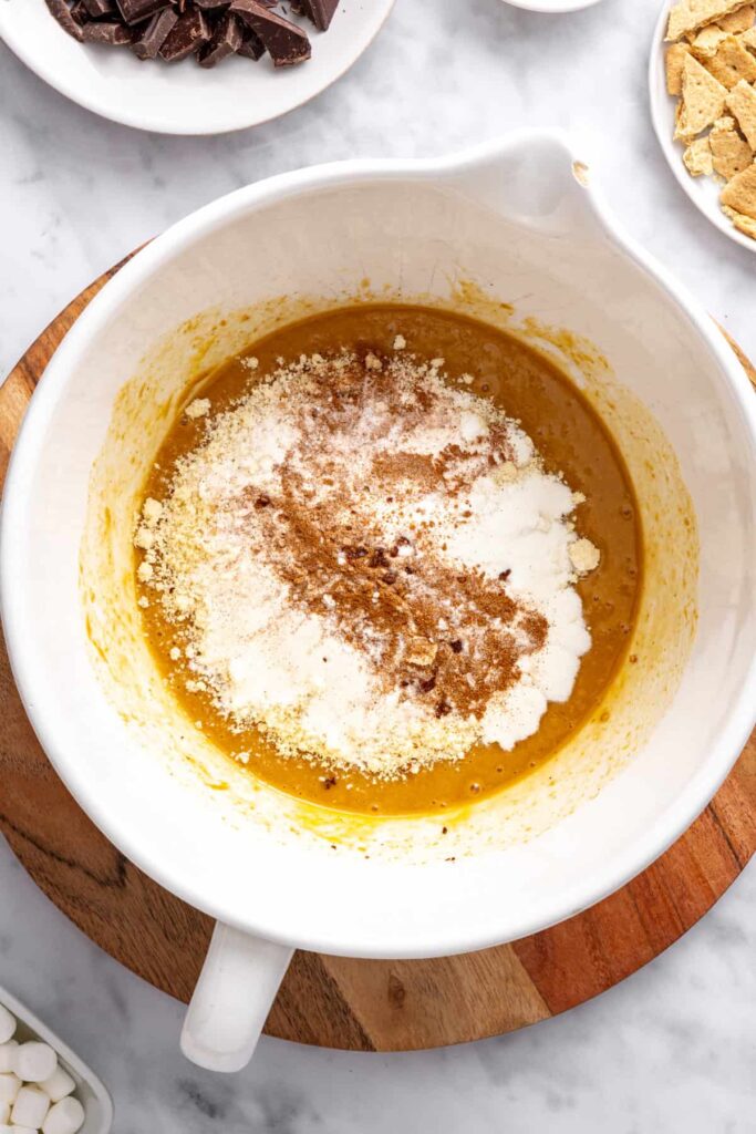 Almond flour and dry ingredients folded into cookie skillet batter