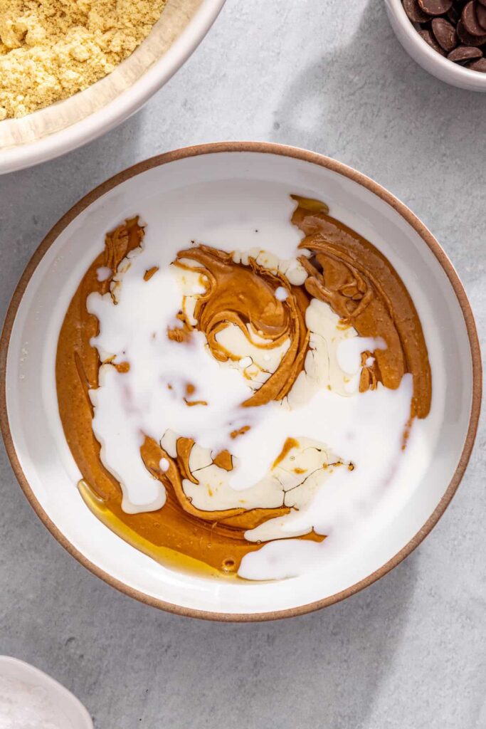 Smooth peanut butter and honey mixture in small bowl