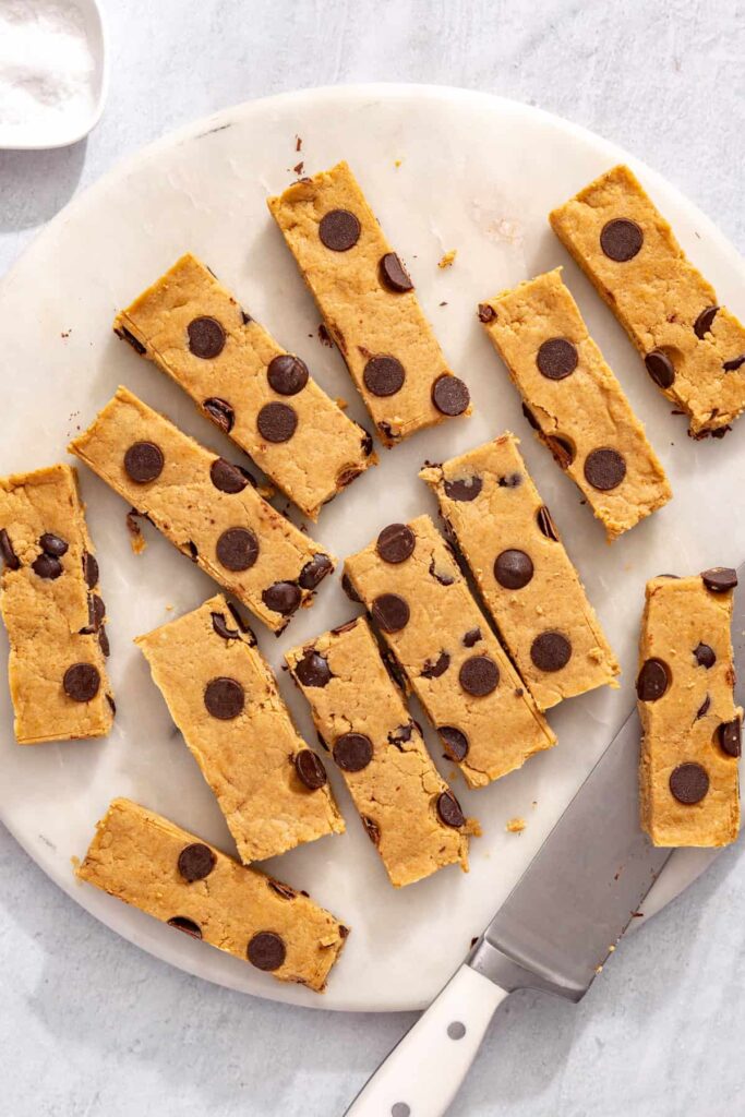 Overhead peanut butter protein bars on white plate