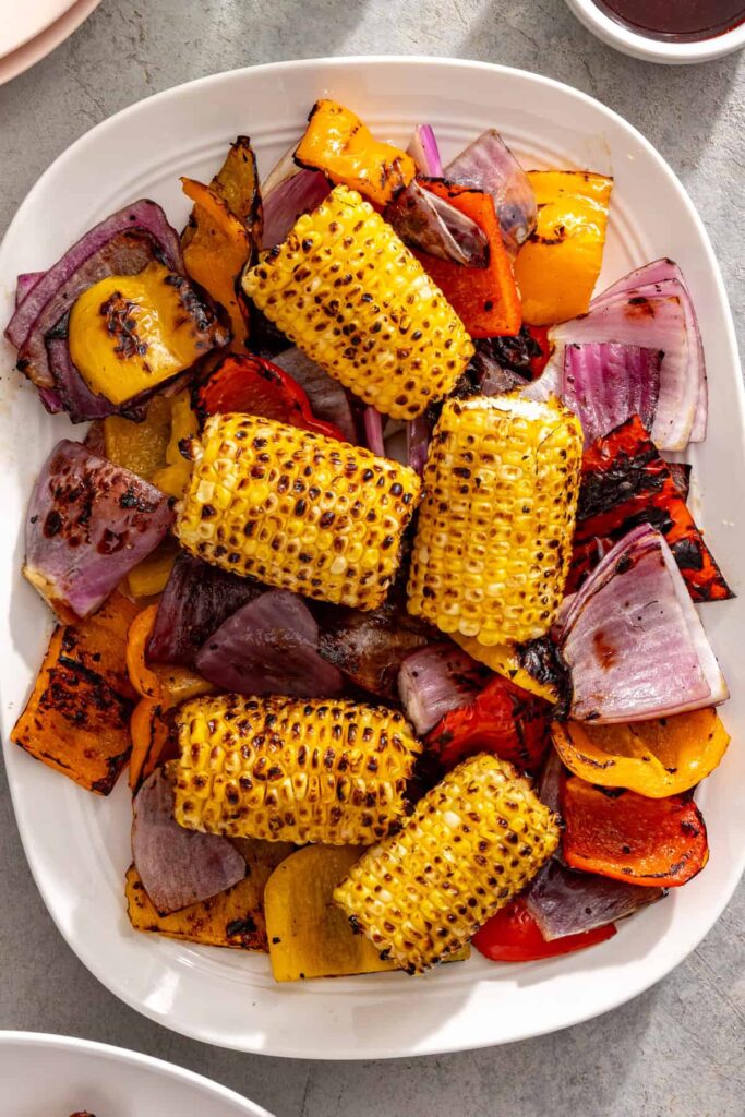 serving plater with grilled vegetables for a high-protein chicken teriyaki recipe