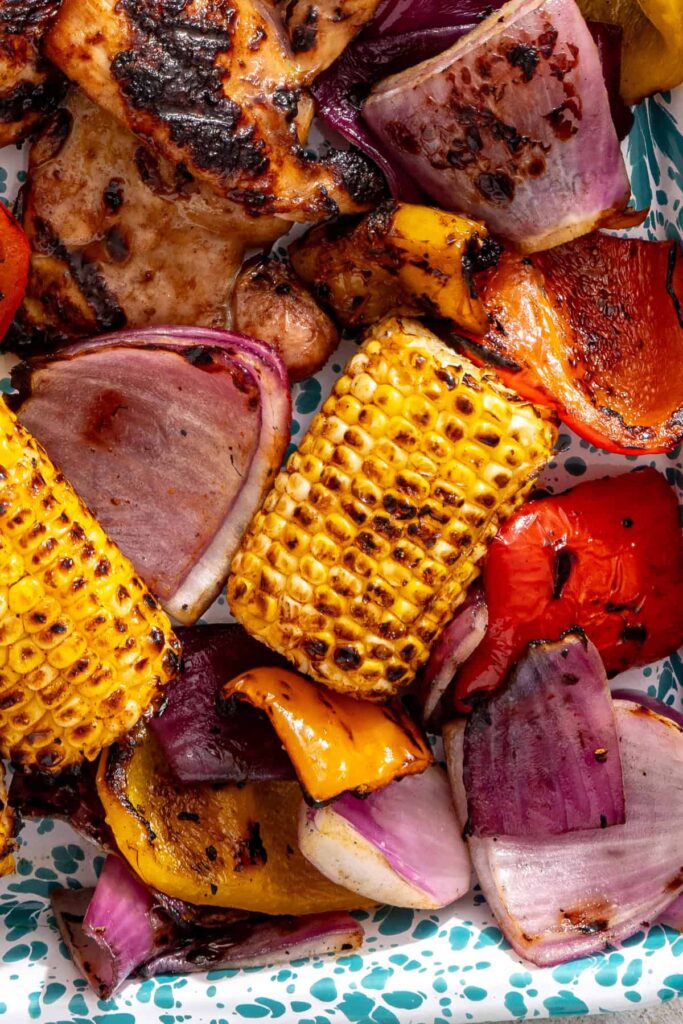 Close-up of juicy grilled teriyaki chicken served with vegetables