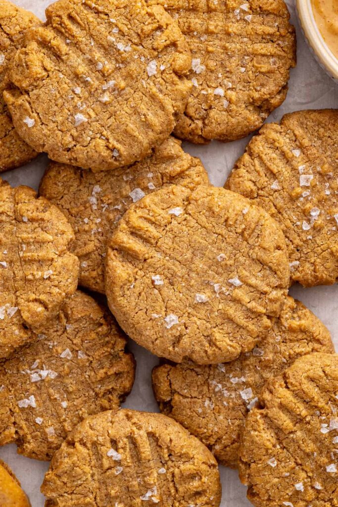 close-up of soft and chewy gluten-free peanut butter cookies