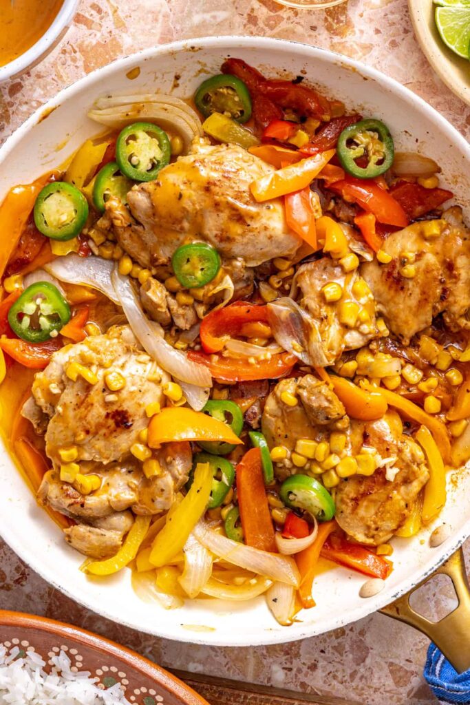 Finished southwest chicken skillet on a styled table