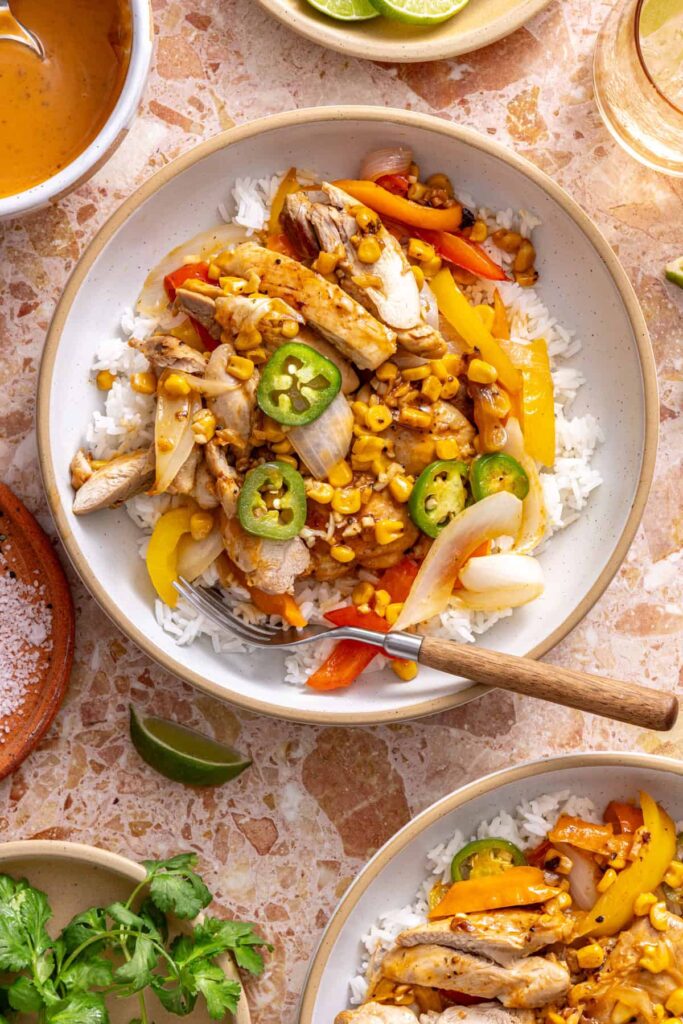 Southwest chicken skillet bowl with fork ready to eat