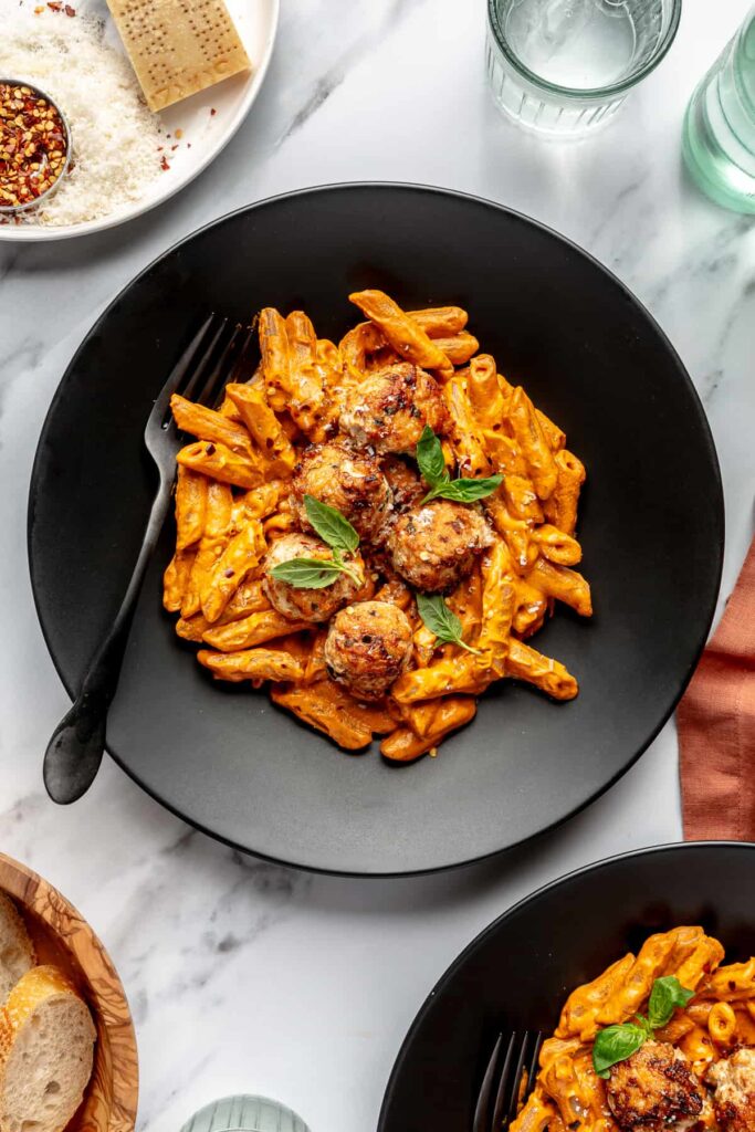 Spicy vodka pasta with high-protein meatballs.