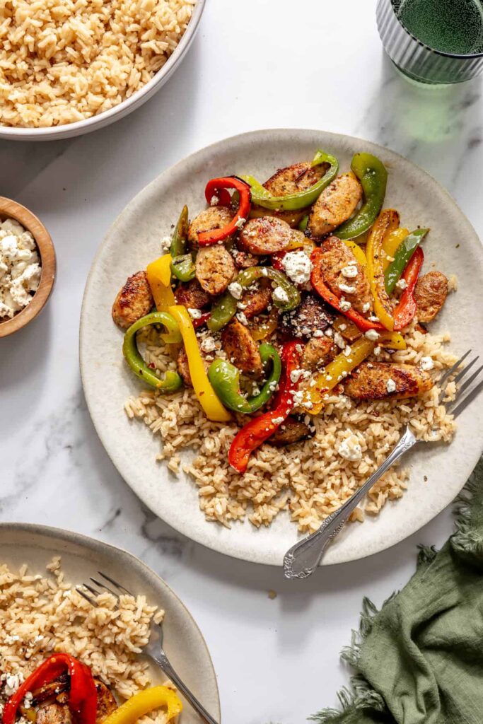 15-minute chicken sausage and peppers skillet with bone broth rice