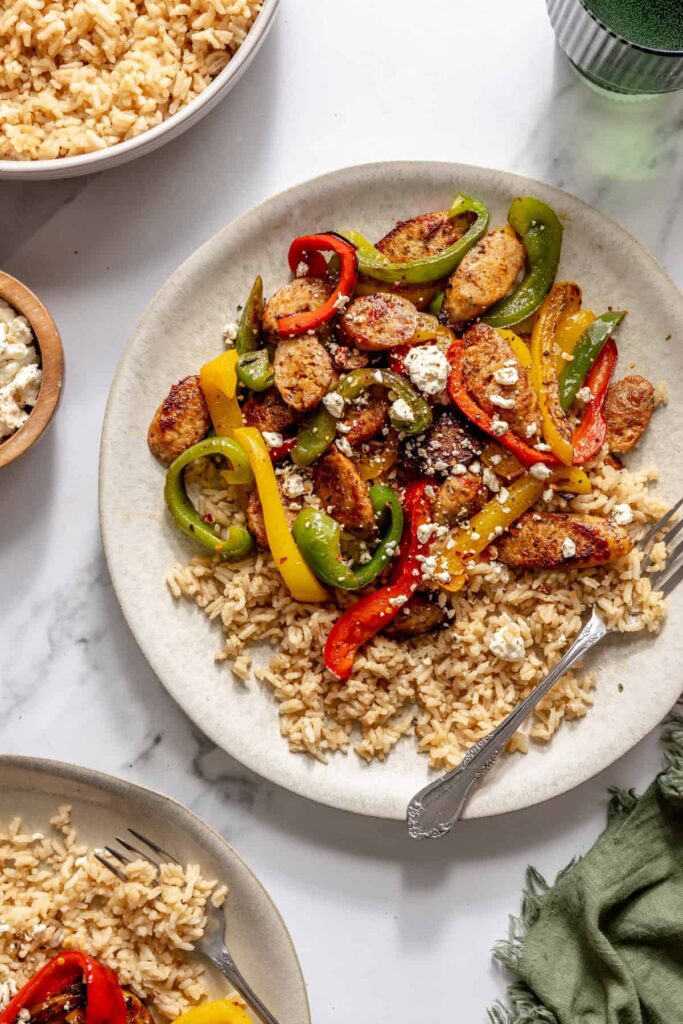 15-minute chicken sausage and peppers skillet with bone broth rice