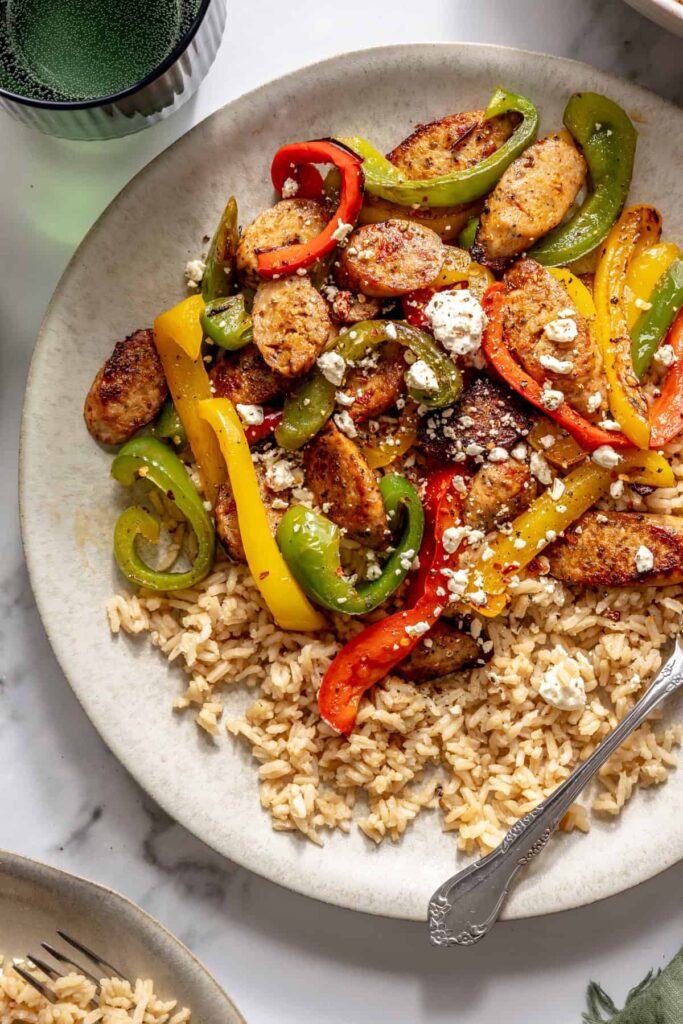 15-minute chicken sausage and peppers skillet with bone broth rice