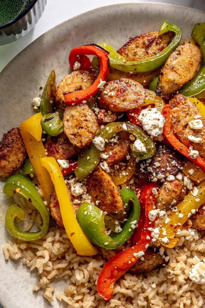 15-minute chicken sausage and peppers skillet with bone broth rice