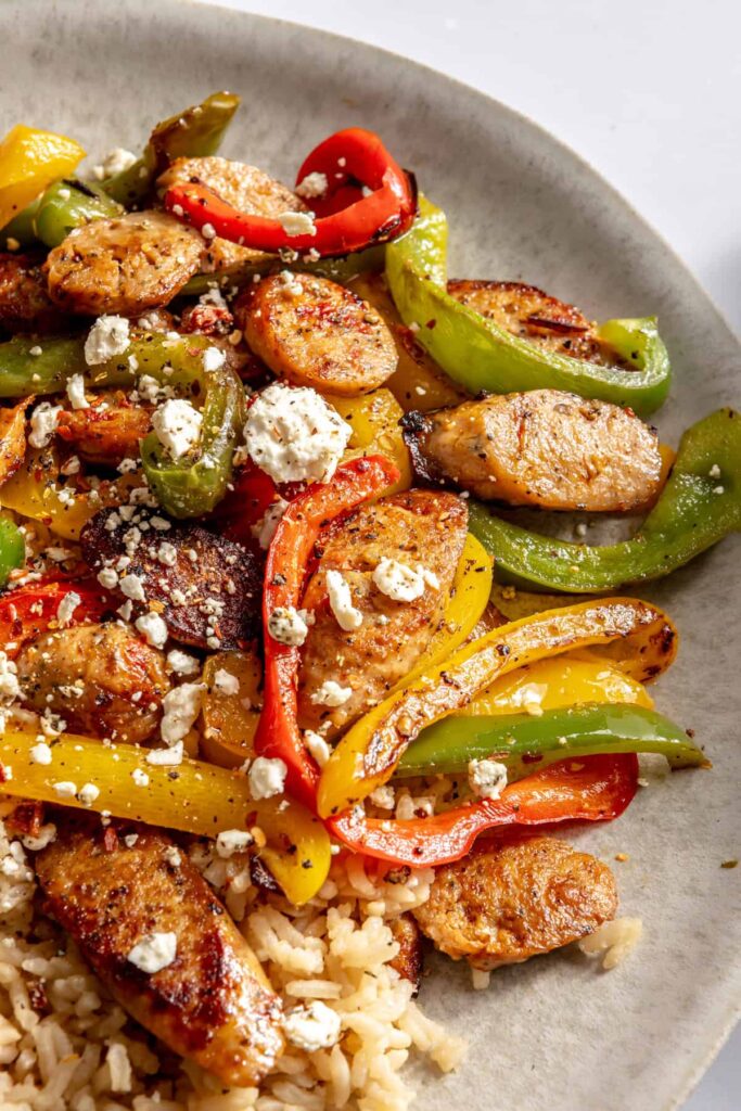 15-minute chicken sausage and peppers skillet with bone broth rice