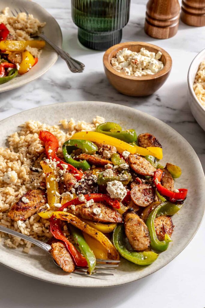 15-minute chicken sausage and peppers skillet with bone broth rice