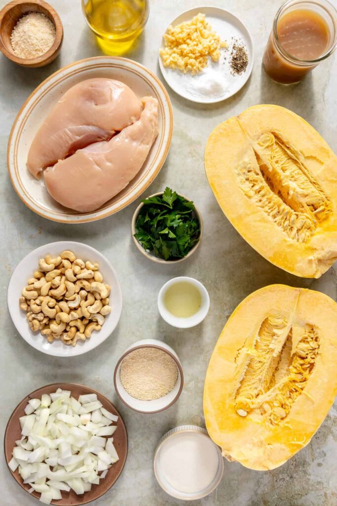 High-protein chicken alfredo served with spaghetti squash