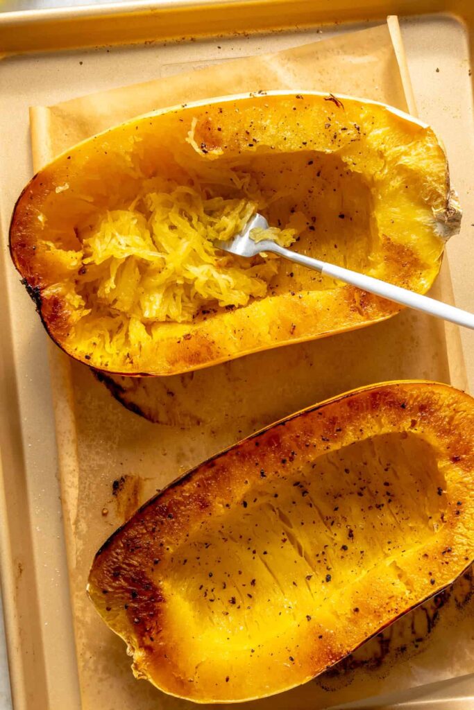 High-protein chicken alfredo served with spaghetti squash