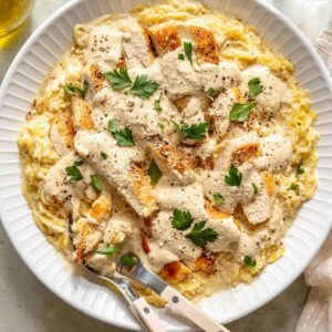 High-protein chicken alfredo served with spaghetti squash