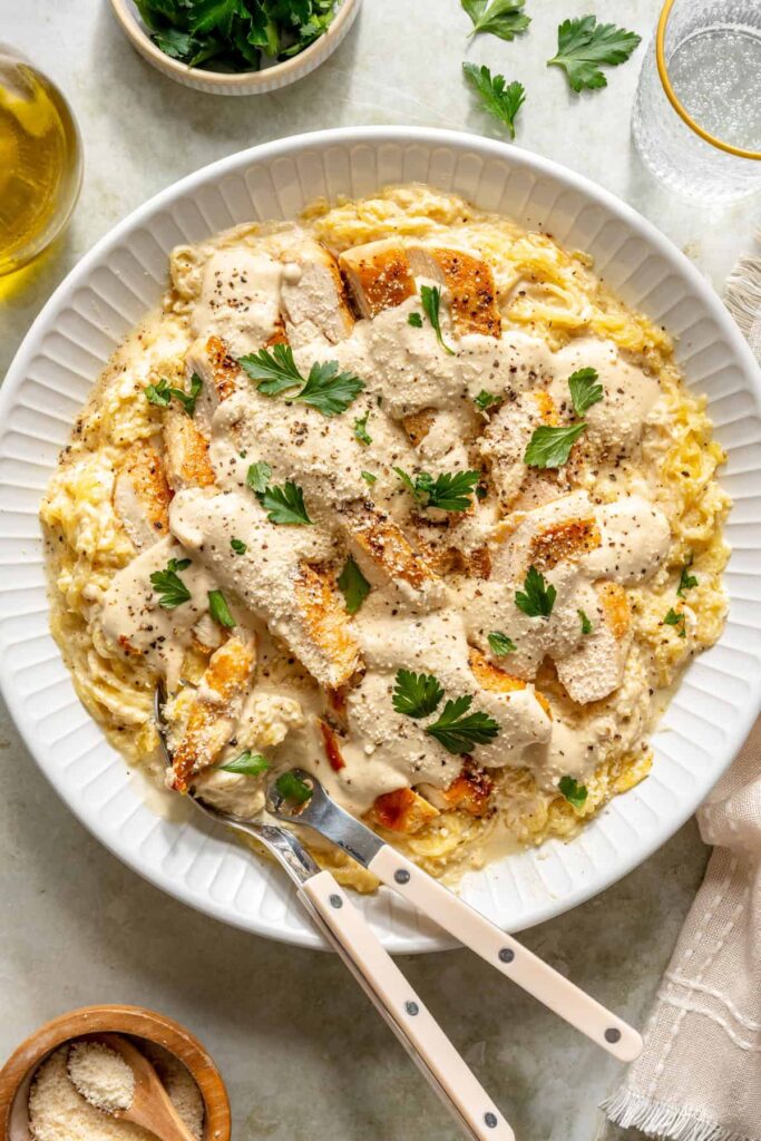 High-protein chicken alfredo served with spaghetti squash