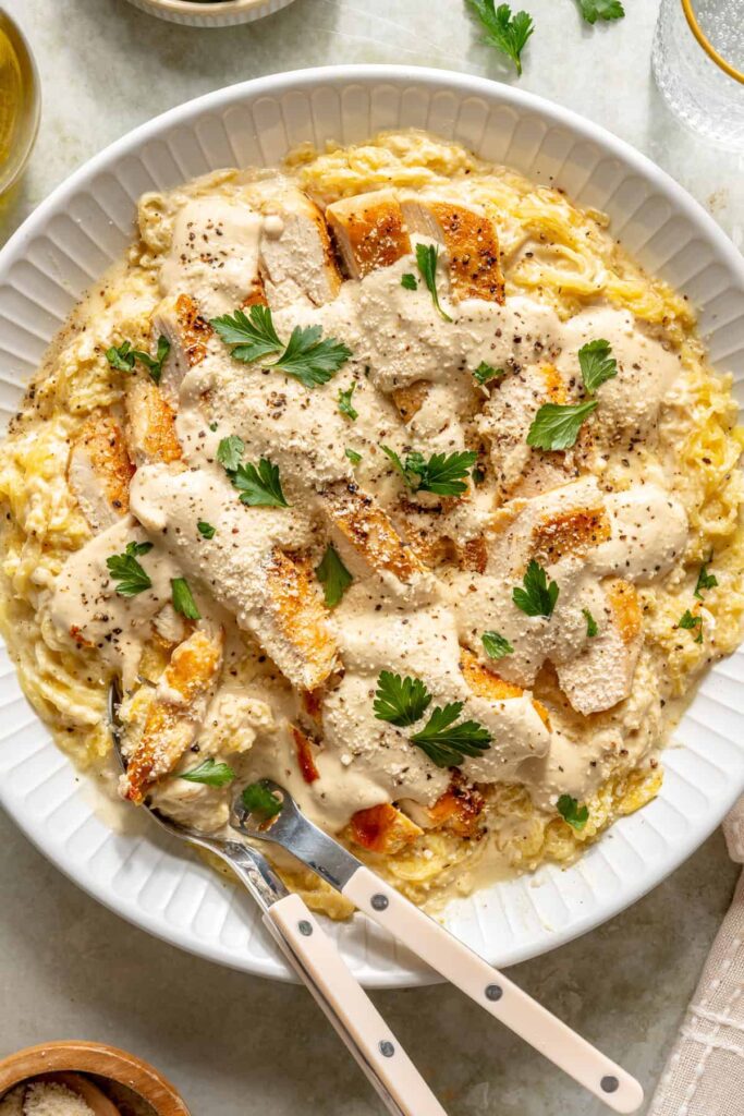 High-protein chicken alfredo served with spaghetti squash