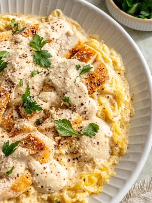 High-protein chicken alfredo served with spaghetti squash