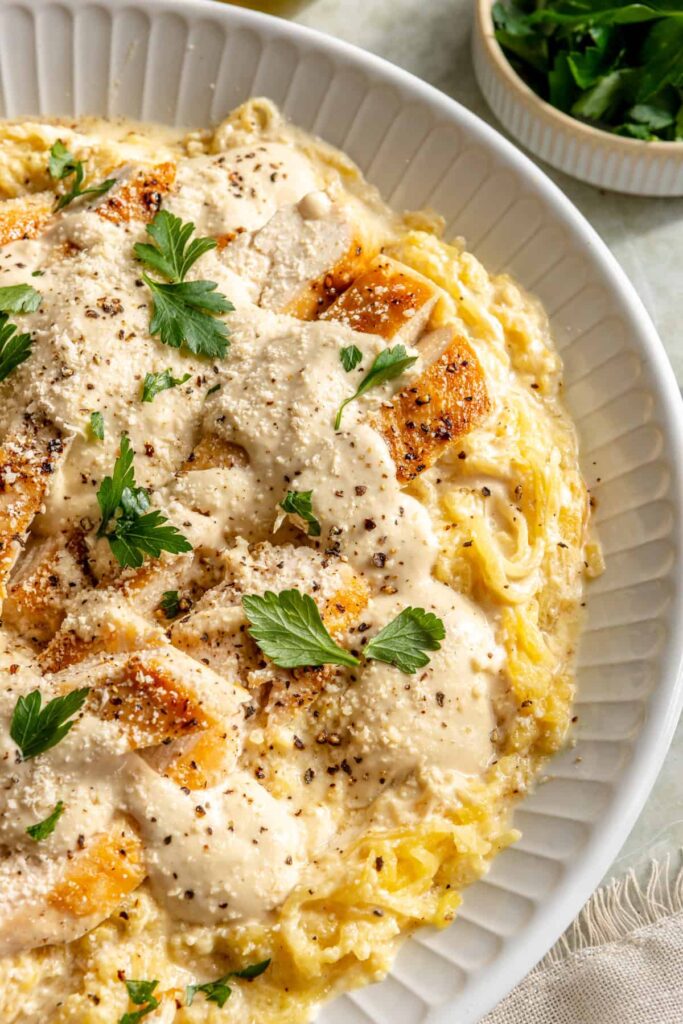 High-protein chicken alfredo served with spaghetti squash