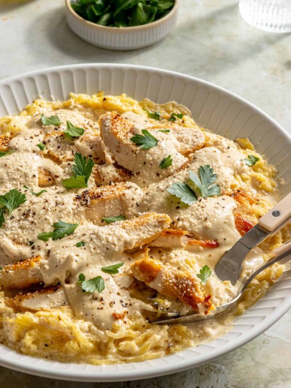 High-protein chicken alfredo served with spaghetti squash