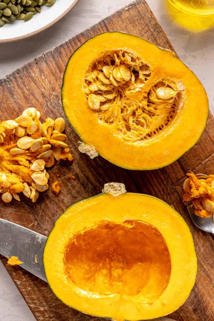 Kabocha cashew curry soup served with pumpkin seed topping – gluten-free, dairy-free recipe