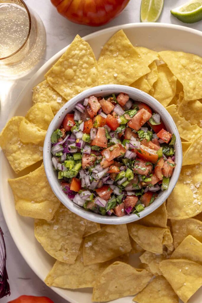 Easy homemade pico de gallo served with tortilla chips