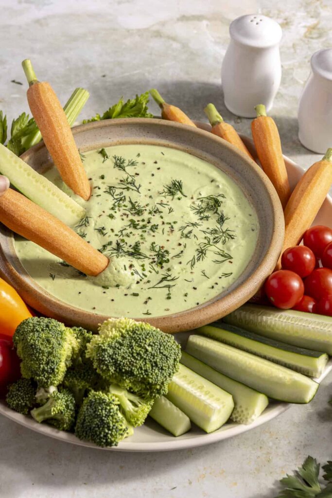 high-protein cottage cheese ranch dip served in a bowl with veggies