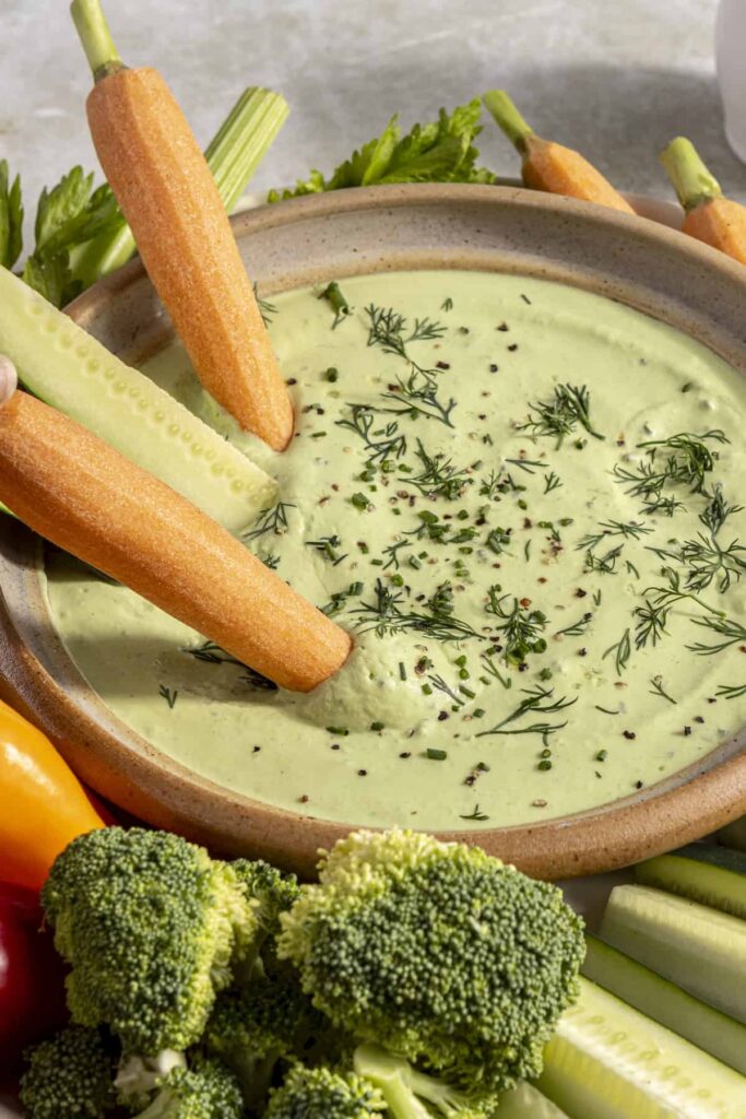 close up of high-protein cottage cheese ranch dip with veggies