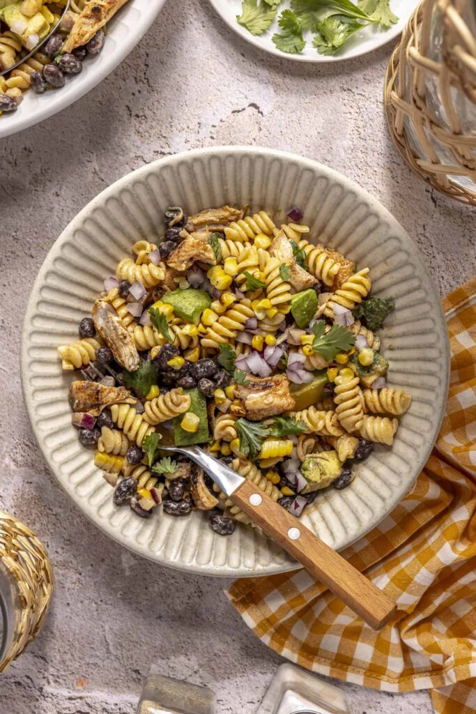 Delicious pasta salad that is gluten-free and dairy-free but packed with protein.