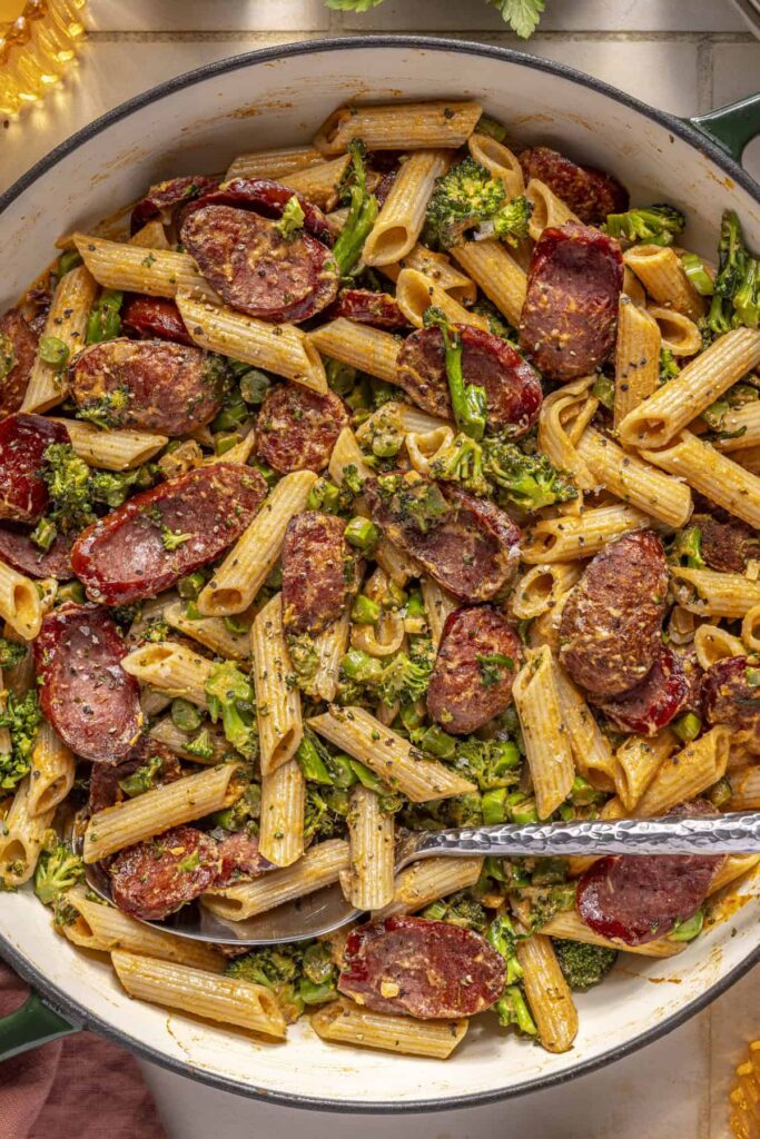 Smokey sausage and pasta with goat cheese for an easy gluten-free dinner