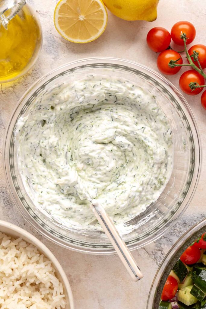 Creamy homemade tzatziki sauce with yogurt, cucumber, garlic, and dill.