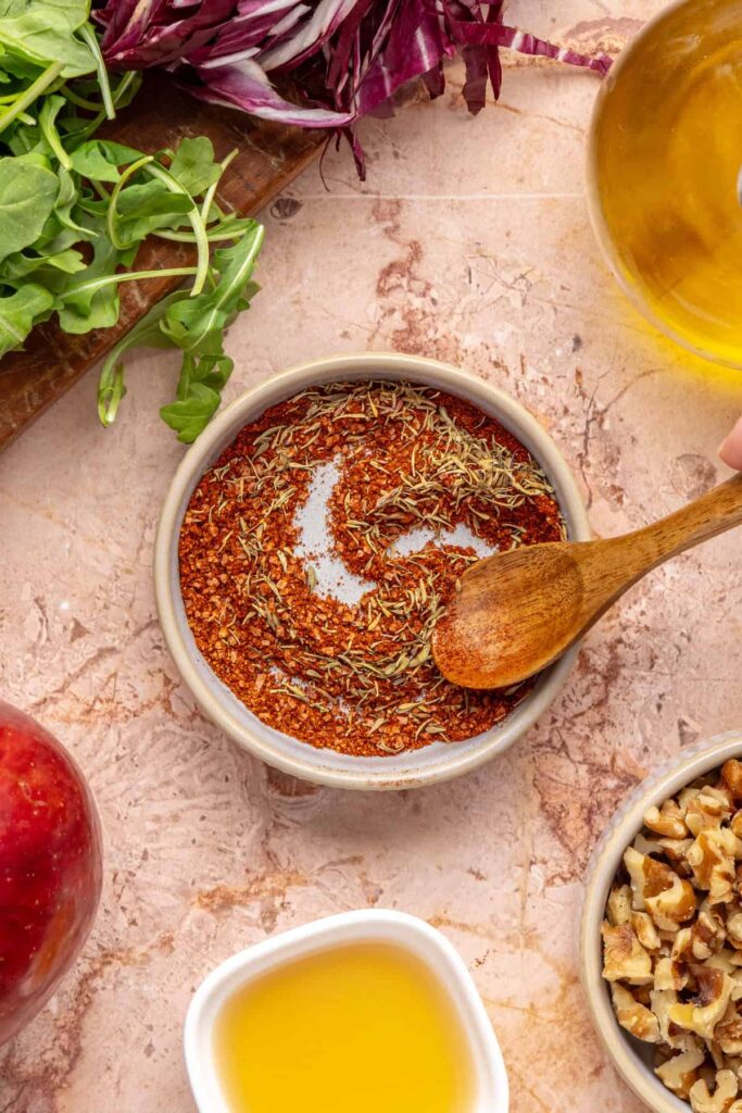 Seasoning mixture for roasted sweet potatoes and chickpeas in harvest salad