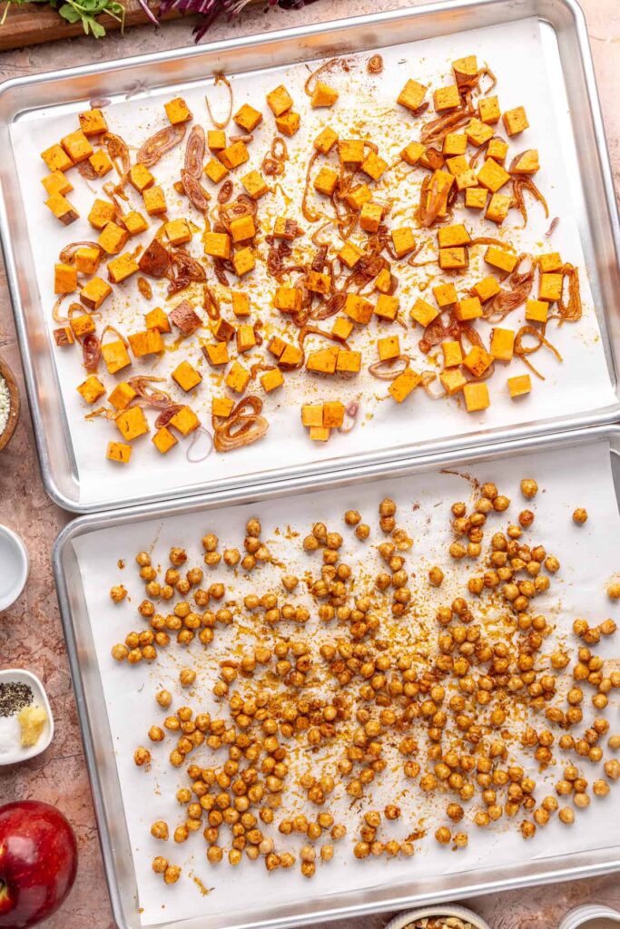Roasted sweet potatoes and crispy chickpeas for harvest salad