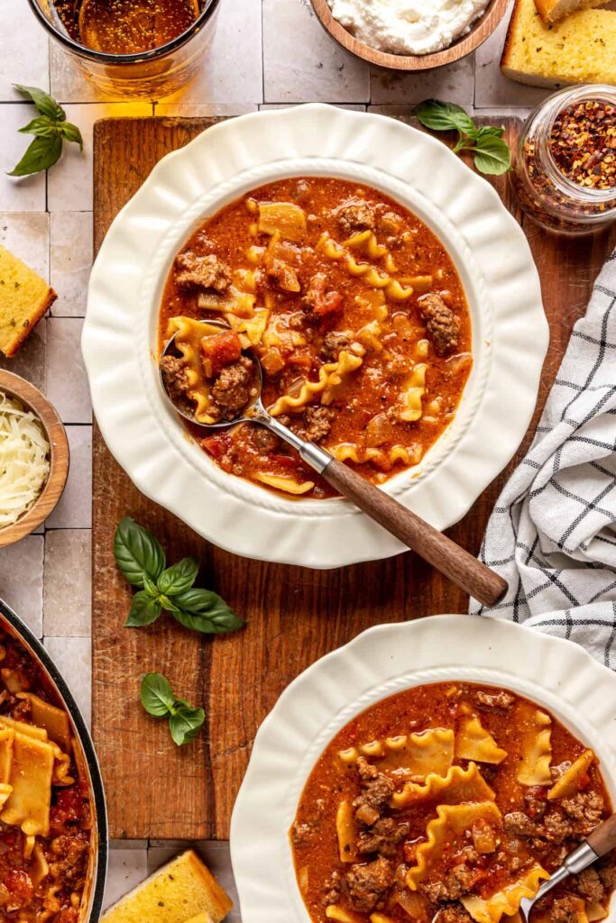 High-protein lasagna soup in a bowl
