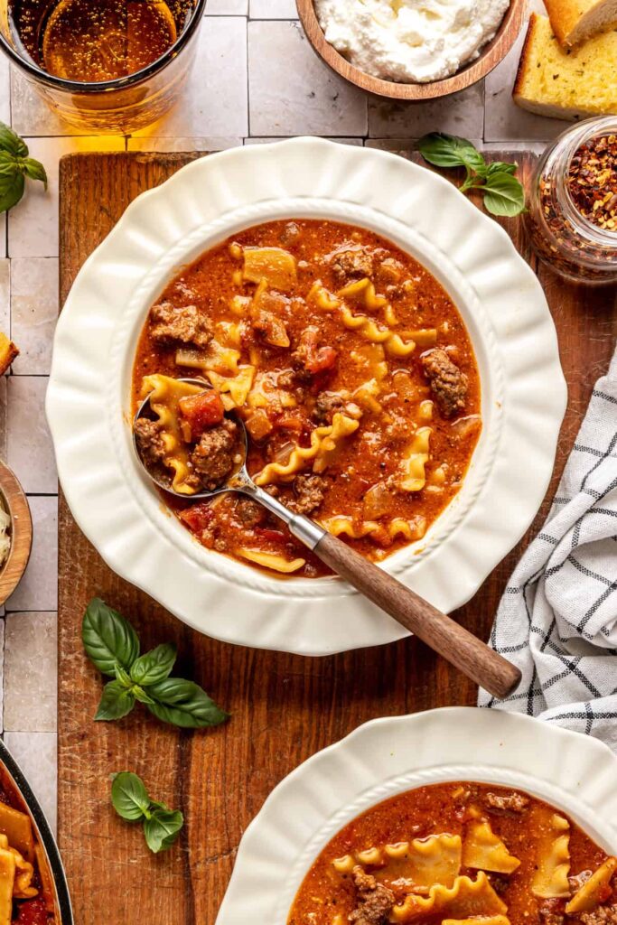 High-protein lasagna soup in a bowl