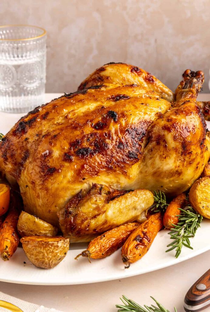 Plated Citrus Maple Chicken with crispy skin, roasted vegetables, and fresh herb garnish