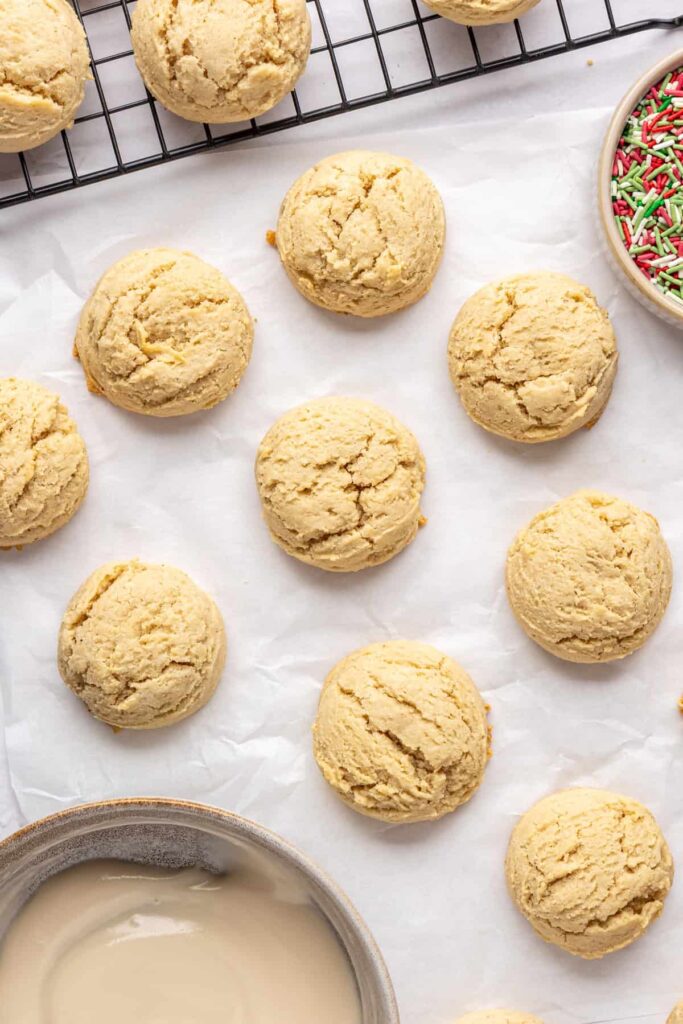 baked Christmas Sugar Cookies on a baking sheet before adding icing