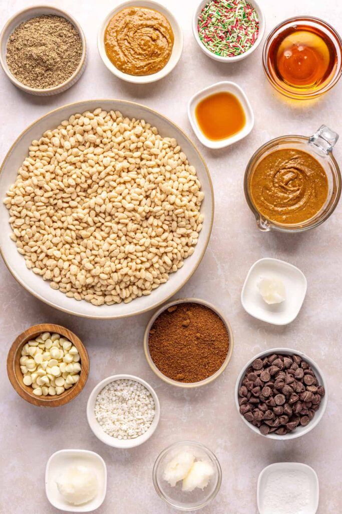 Overhead view of all ingredients for making salted peanut butter bars on a counter