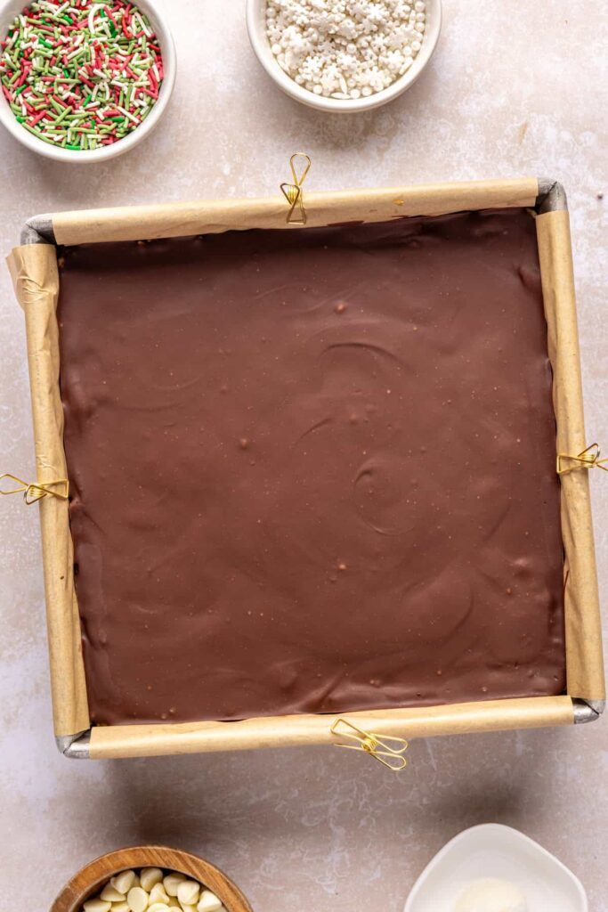 Salted peanut butter bars with chocolate topping ready to be cut after setting in the freezer