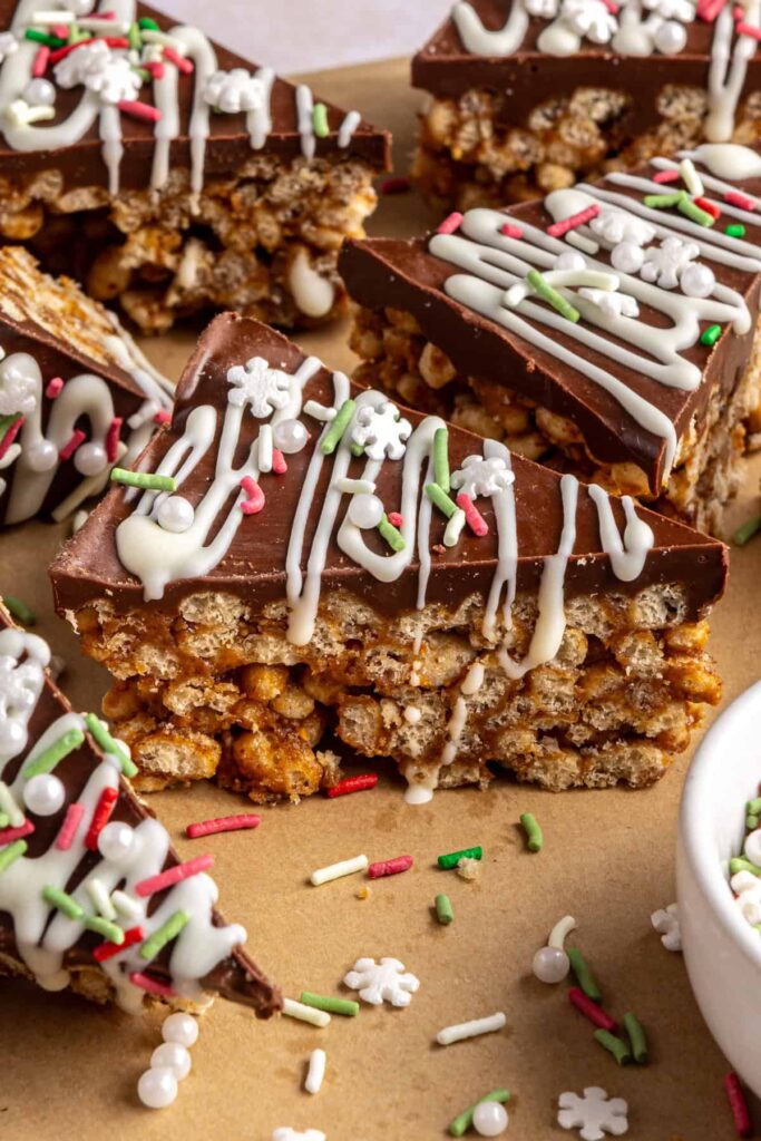 close-up, side angle profile shot of Christmas tree-shaped salted peanut butter bars