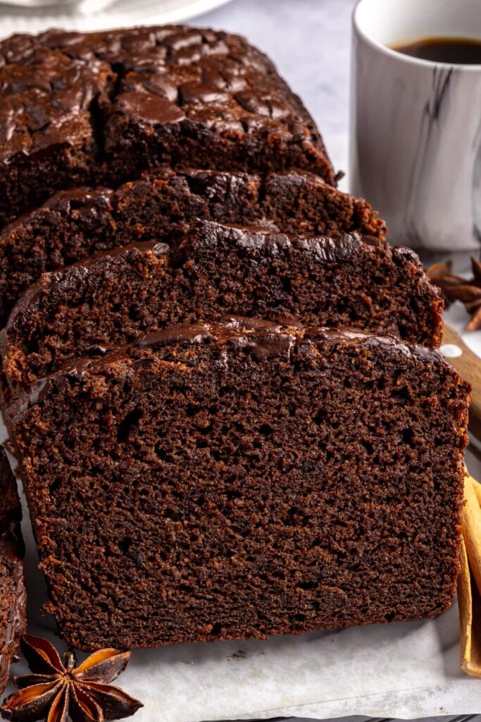 close-up of slices of pumpkin spice chocolate loaf on a plate