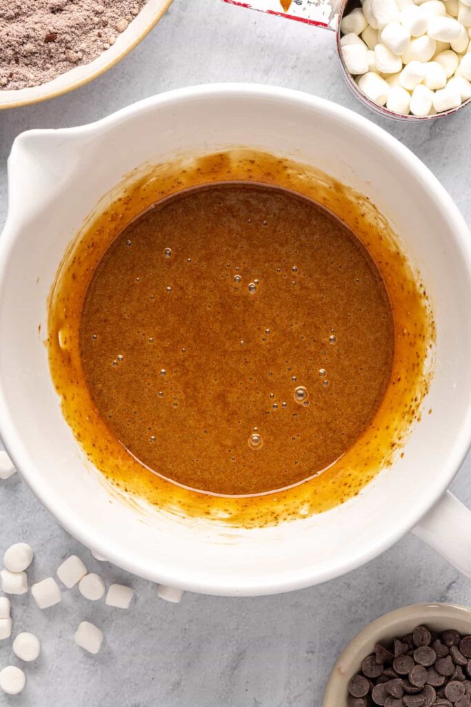 Wet ingredients blended smoothly for hot cocoa cookie dough