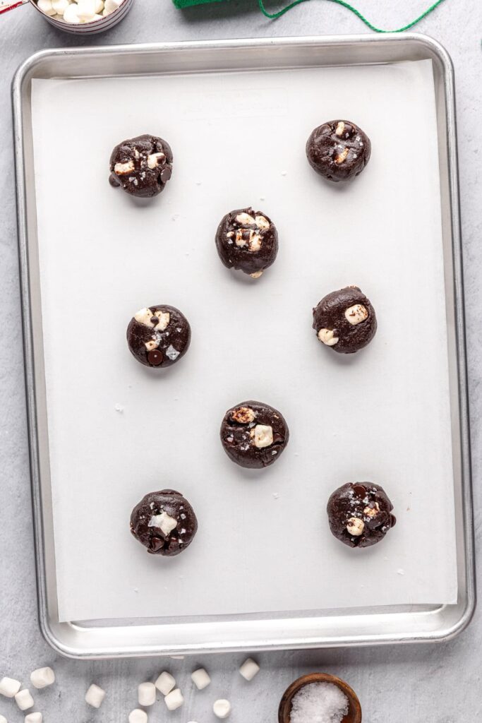 Hot cocoa cookie dough balls ready to bake