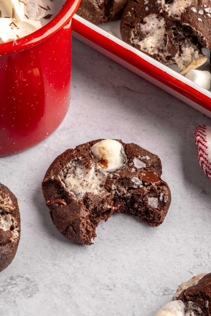close up of a half eaten hot cocoa cookie, to show texture