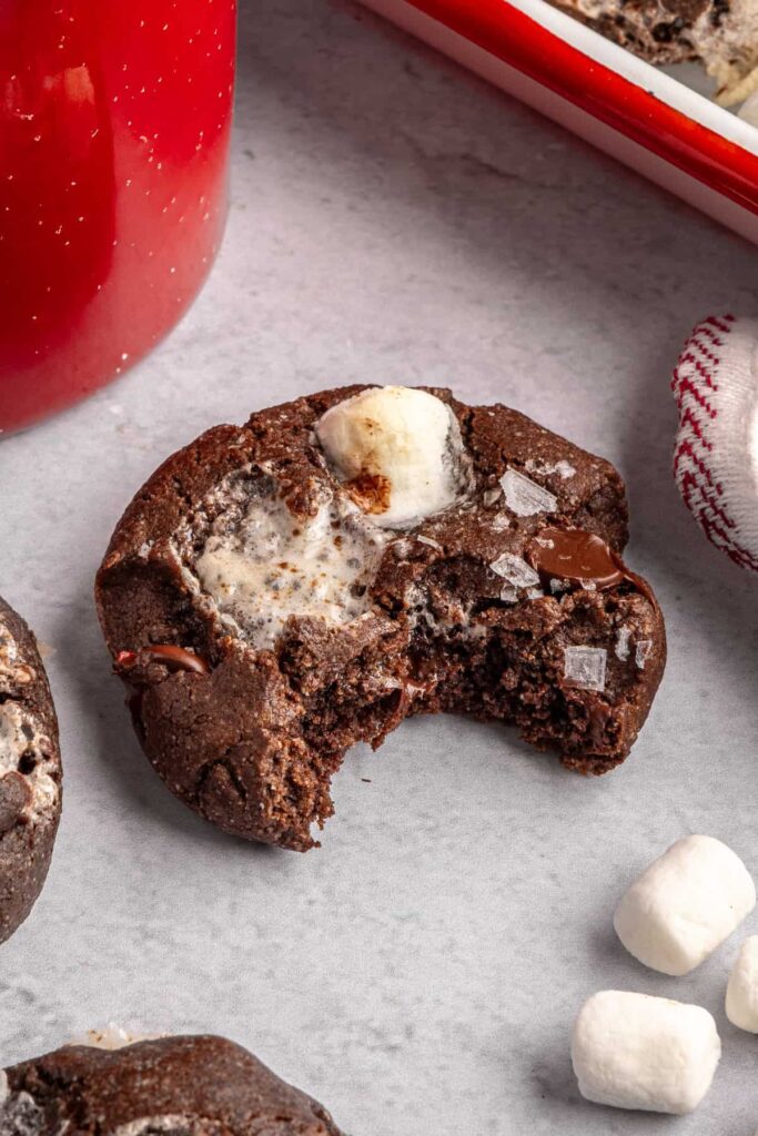 close up of a half eaten hot cocoa cookie, to show texture