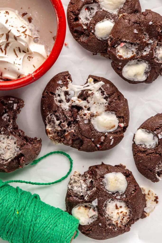 Close-up of warm hot cocoa cookies topped with melted marshmallows and chocolate chips