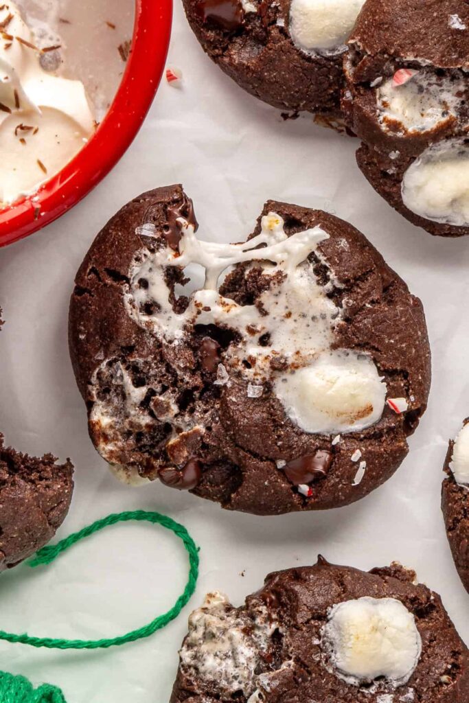 Close-up of warm hot cocoa cookies topped with melted marshmallows and chocolate chips